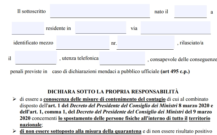 CORONAVIRUS. Il nuovo modello di AUTOCERTIFICAZIONE DEL MINISTERO